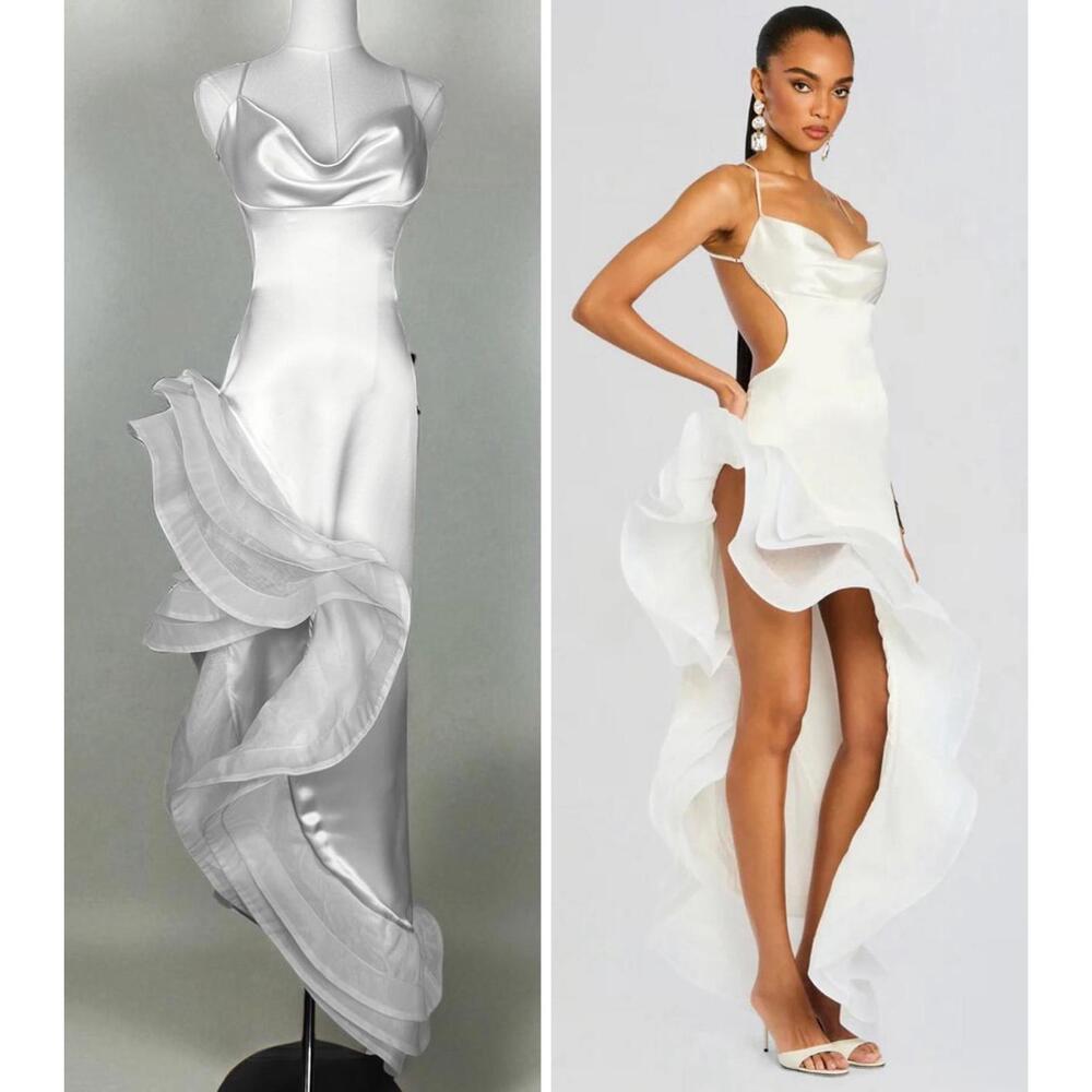 Retrofete White Satin Ruffle-Trim Cutout Evening Gown